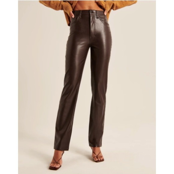 ABERCROMBIE & FITCH 90s Straight High Rise Vegan Leather Brown Pants Size 10/30 - Picture 3 of 12